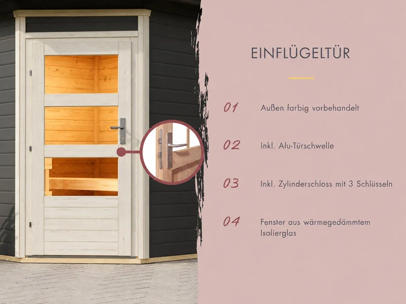 Karibu Saunahaus Skrollan 3 in terragrau 38 mm- 11 kW Ofen Ext. Strg - moderne Tür