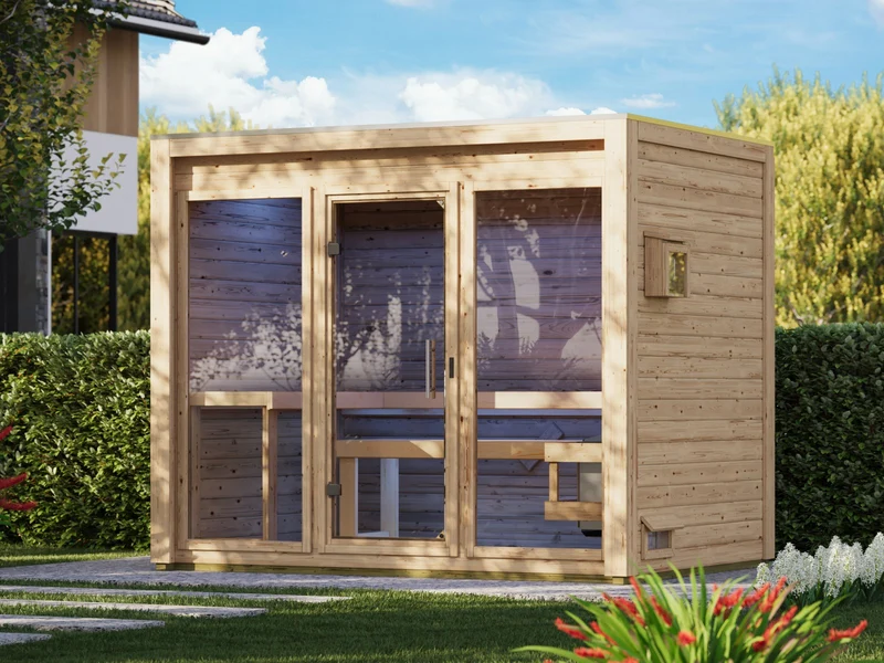 Karibu Saunahaus Hycore 3, naturbelassen - inkl. 9 kW Ofen ext. Steuerung, mit Fußboden und Klarglastür