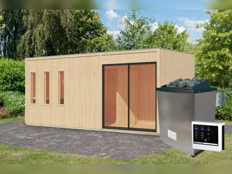 Karibu Saunahaus Monterey, natur, inkl. 11 kW Bioofen ext. Steuerung, mit Séparée im Vorraum, 73 mm
