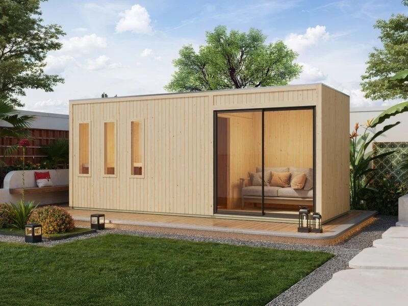 Karibu Saunahaus Monterey, natur, inkl. 11 kW Ofen ext. Steuerung, mit Séparée im Vorraum, 73 mm