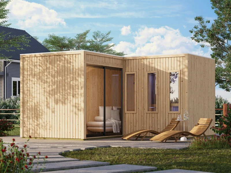 Karibu Saunahaus Paradise, natur, inkl. 9 kW Bioofen ext. Steuerung, inkl. großem Vorraum, 73 mm