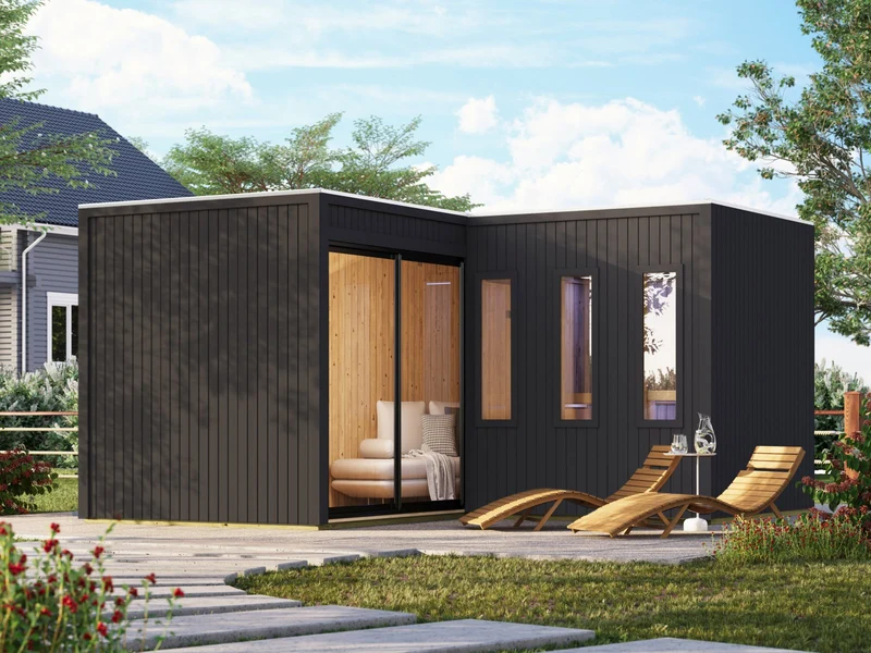 Karibu Saunahaus Paradise, schwarz, inkl. 11 kW Ofen ext. Steuerung, inkl. großem Vorraum, 73 mm