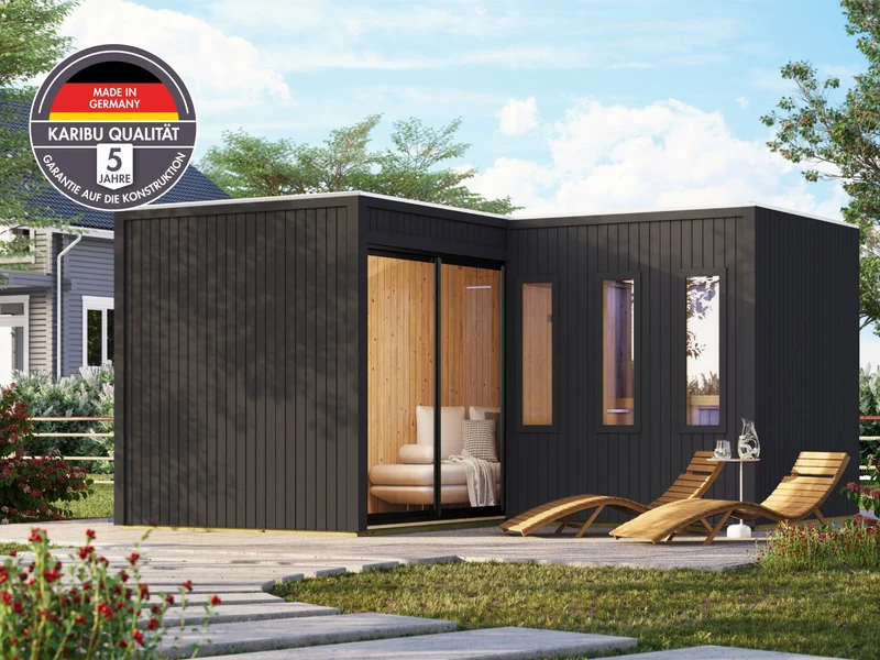 Karibu Saunahaus Paradise, schwarz, inkl. 11 kW Ofen ext. Steuerung, inkl. großem Vorraum, 73 mm