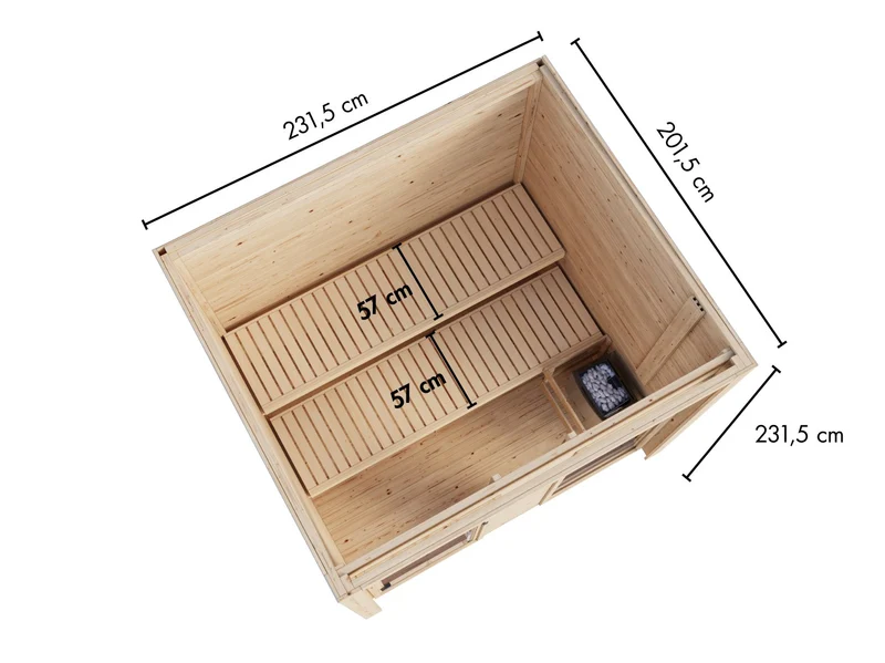 Karibu Saunahaus Hycore 2, naturbelassen - inkl. 9 kW Bioofen ext. Steuerung- mit Fußboden und Klarglastür