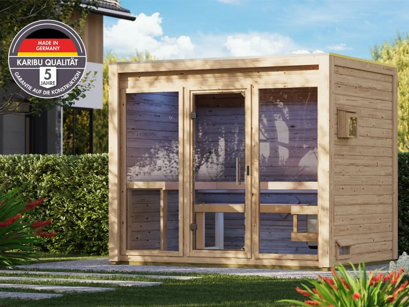 Karibu Saunahaus Hycore 3, naturbelassen - inkl. 11 kW Bioofen ext. Steuerung, mit Fußboden und Klarglastür