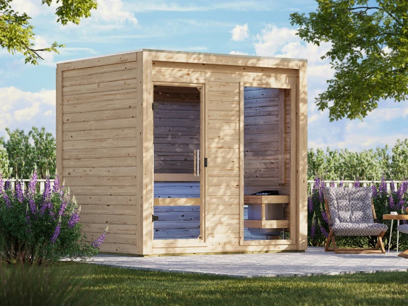 Karibu Saunahaus Hycore 2, naturbelassen - inkl. 9 kW Ofen ext. Steuerung- mit Fußboden und Klarglastür