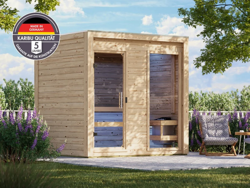 Karibu Saunahaus Hycore 2, naturbelassen - inkl. 9 kW Ofen ext. Steuerung- mit Fußboden und Klarglastür
