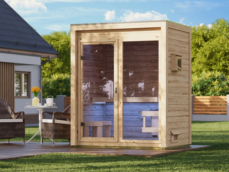 Karibu Saunahaus Hycore 1, naturbelassen - inkl. 9 kW Ofen ext. Steuerung- inkl. Fußboden und Klarglastür