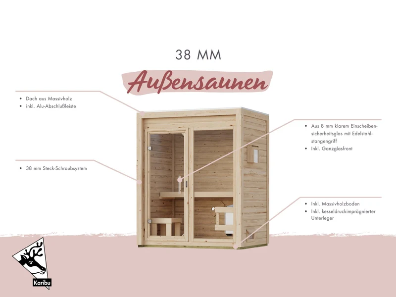 Karibu Saunahaus Hycore 1, naturbelassen - inkl. 9 kW Ofen ext. Steuerung- inkl. Fußboden und Klarglastür