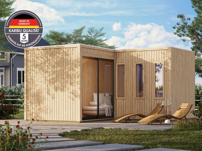 Karibu Saunahaus Paradise, natur, inkl. 9 kW Ofen ext. Steuerung, inkl. großem Vorraum, 73 mm