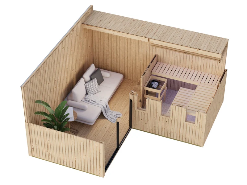 Karibu Saunahaus Paradise, natur, inkl. 9 kW Ofen ext. Steuerung, inkl. großem Vorraum, 73 mm