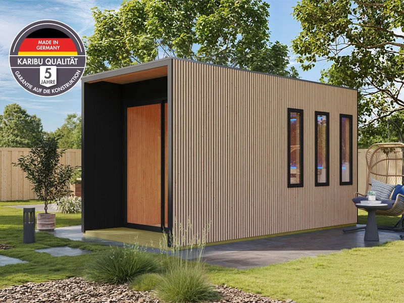 Karibu Saunahaus Miramar, Douglasie, 73 mm, inkl. 9 kW Ofen ext. Steuerung, mit Vorraum