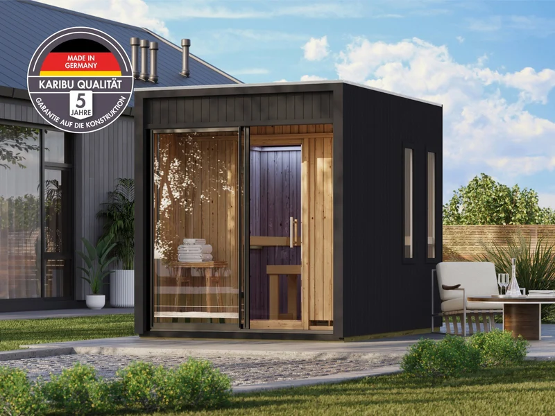 Karibu Saunahaus Delano, schwarz, 73 mm, inkl. 9 kW Ofen ext. Steuerung, mit Vorraum
