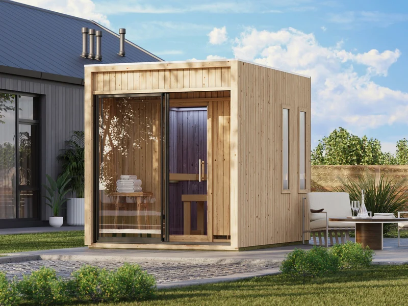 Karibu Saunahaus Delano, naturbelassen, 73 mm, inkl. 9 kW Ofen ext. Steuerung, mit Vorraum