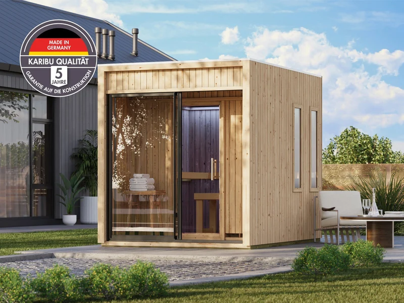 Karibu Saunahaus Delano, naturbelassen, 73 mm, inkl. 9 kW Ofen ext. Steuerung, mit Vorraum