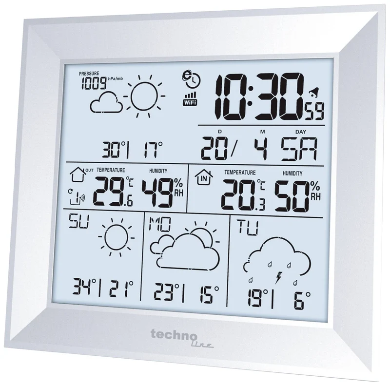 B-Ware Techno Line WLAN Wetterstation WD2000 mit max 3 Sensoren Außenluftfeuchte Silber