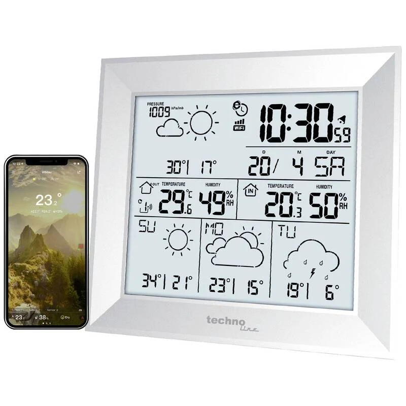B-Ware Techno Line WLAN Wetterstation WD2000 mit max 3 Sensoren Außenluftfeuchte Silber