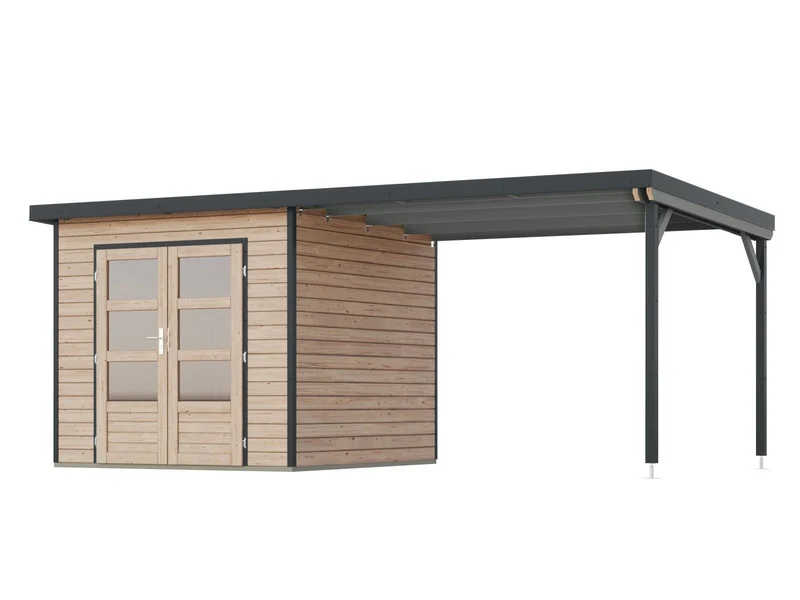 Norlinio Hybrid Gartenhaus Woodtallic 3, naturbelassen/anthrazit, inkl. Fußboden und Anbaudach