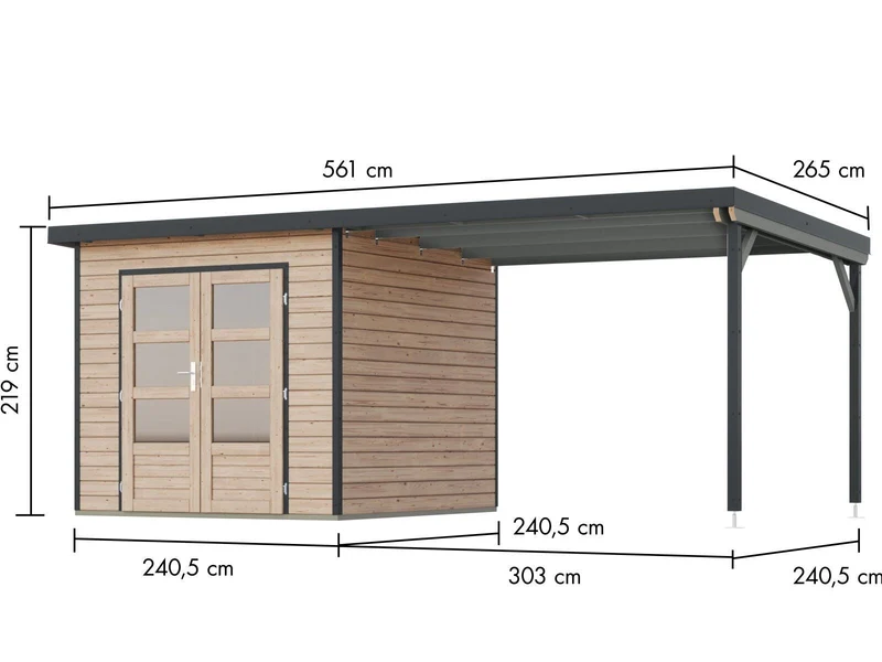 Norlinio Hybrid Gartenhaus Woodtallic 3, naturbelassen/anthrazit, inkl. Fußboden und Anbaudach