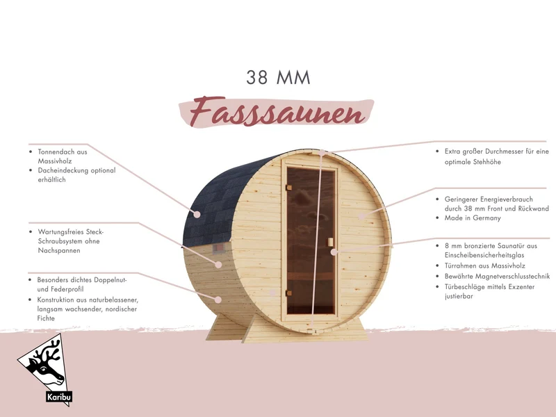 Karibu Aktions-Fasssauna Spitzbergen, inkl. 3,6 kW Ofen integr. Steuerung, naturbelassen, 38 mm