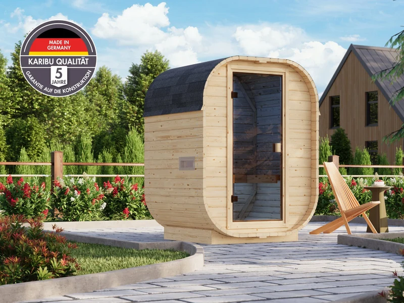 Karibu Aktions-Fasssauna Solvik, inkl. 3,6 kW Ofen integr. Steuerung, naturbelassen, 38 mm