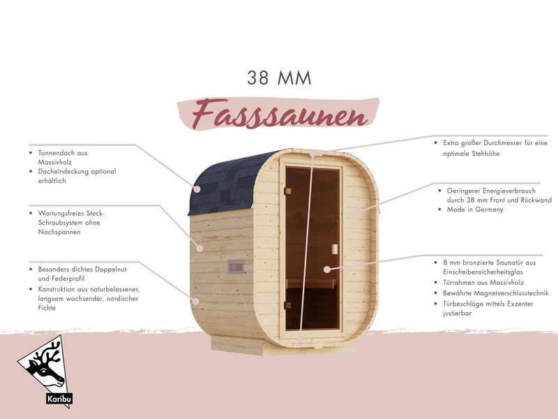 Karibu Aktions-Fasssauna Solvik, inkl. 3,6 kW Ofen integr. Steuerung, naturbelassen, 38 mm