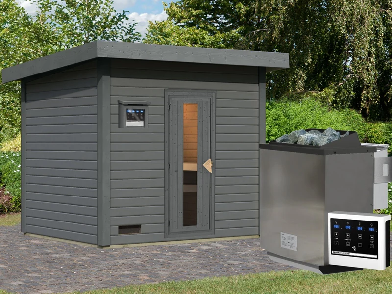 Karibu Saunahaus Hytti 3 38 mm terragrau- inkl. 11 kW Bioofen ext. Steuerung - inkl. Energiespartür und Fußboden