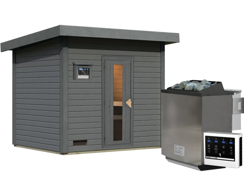 Karibu Saunahaus Hytti 3 38 mm terragrau- inkl. 11 kW Bioofen ext. Steuerung - inkl. Energiespartür und Fußboden