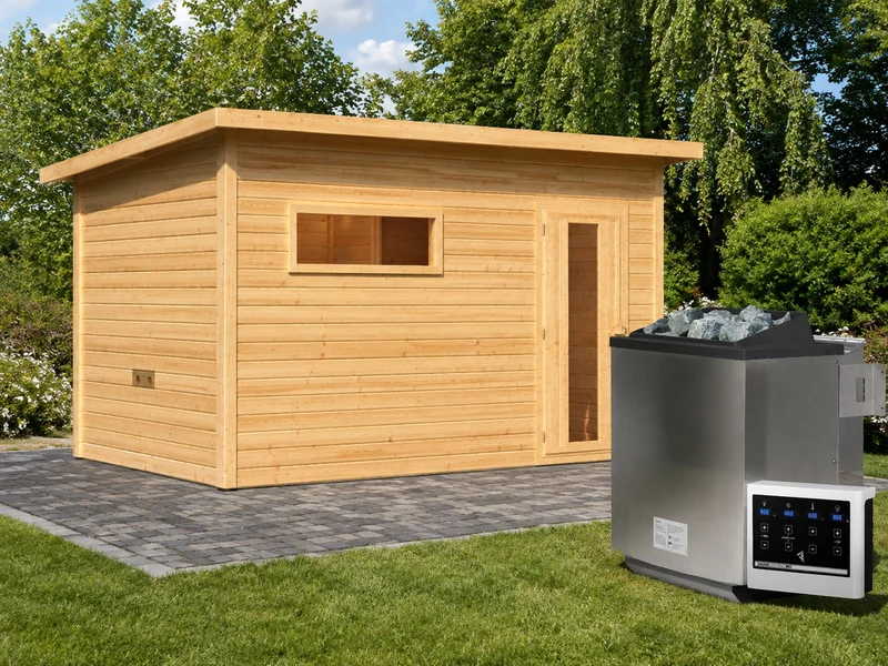 Karibu Saunahaus Hytti 6, inkl. 11 kW Bioofen ext. Steuerung - mit Iso-Tür naturbelassen, 38 mm