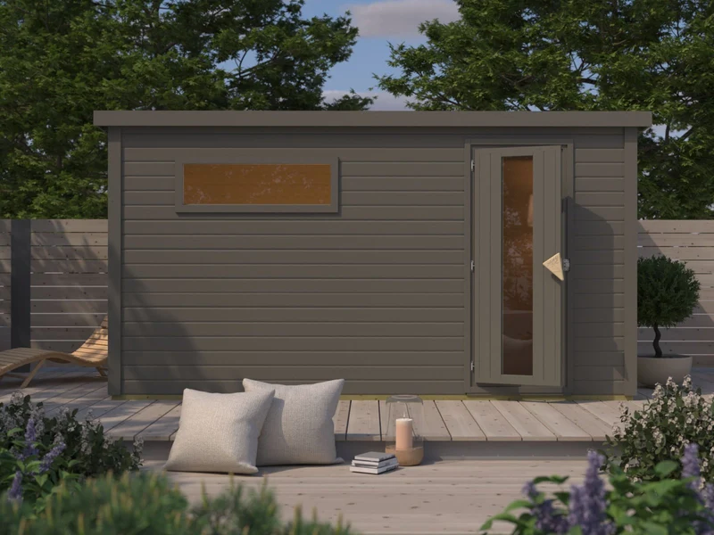Karibu Saunahaus Hytti 6, inkl. 11 kW Ofen ext. Steuerung - mit Iso-Tür, terragrau, 38 mm