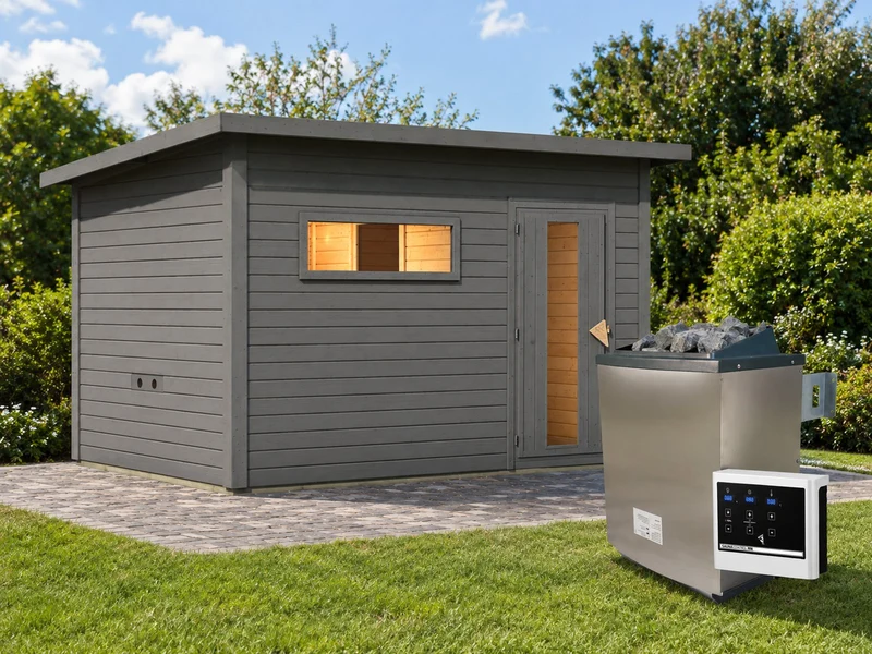 Karibu Saunahaus Hytti 6, inkl. 11 kW Ofen ext. Steuerung - mit Iso-Tür, terragrau, 38 mm