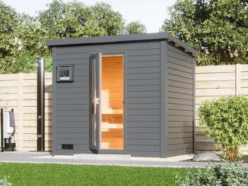 Karibu Saunahaus Hytti 3 38 mm terragrau- inkl. 11 kW Ofen ext. Steuerung - inkl. Energiespartür und Fußboden
