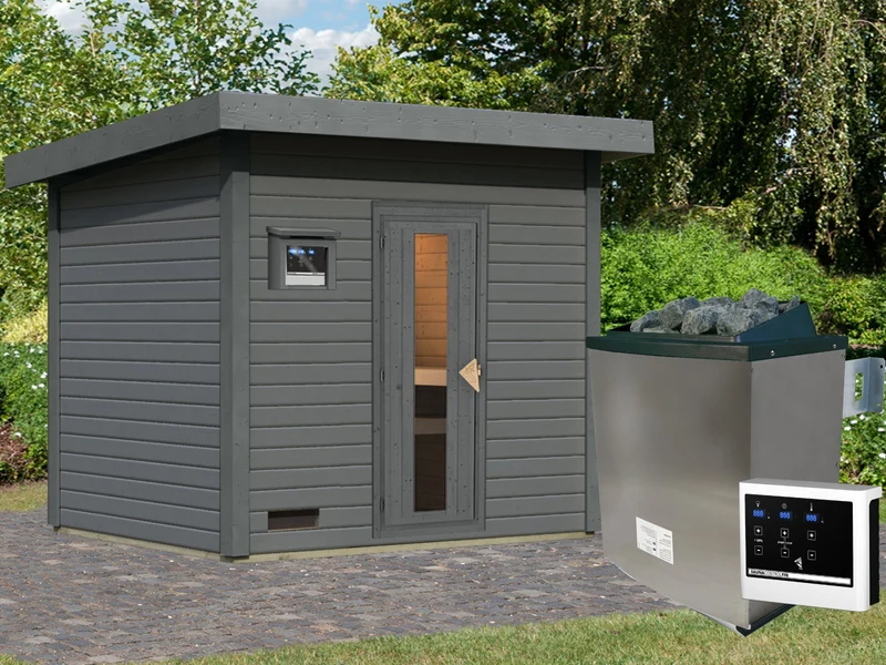 Karibu Saunahaus Hytti 3 38 mm terragrau- inkl. 11 kW Ofen ext. Steuerung - inkl. Energiespartür und Fußboden