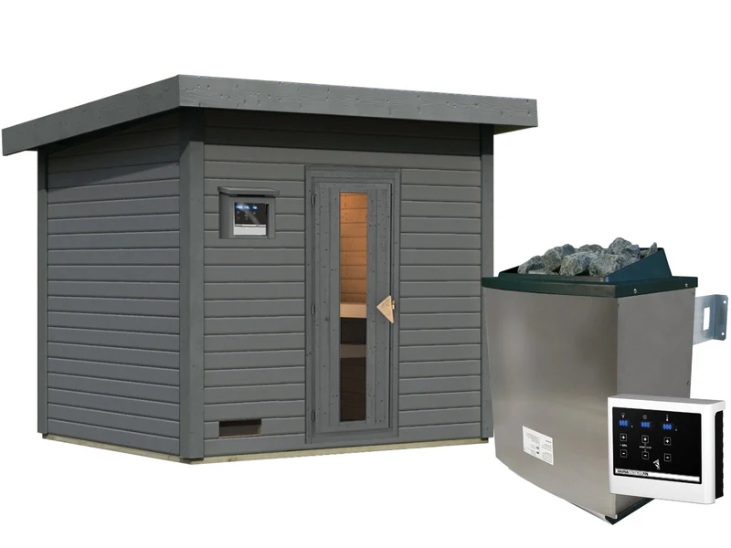 Karibu Saunahaus Hytti 3 38 mm terragrau- inkl. 11 kW Ofen ext. Steuerung - inkl. Energiespartür und Fußboden