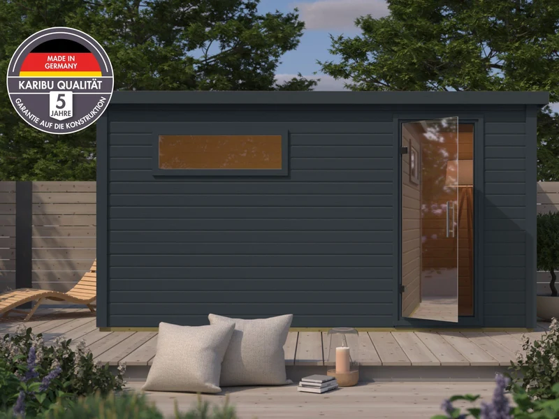 Karibu Saunahaus Hytti 6, inkl. 9 kW Ofen ext. Steuerung, 38 mm - mit Klarglastür, anthrazit