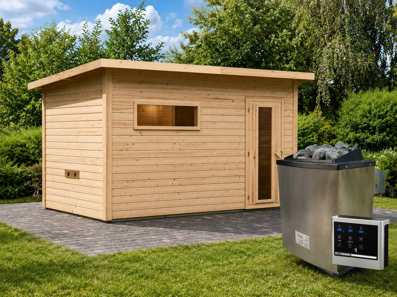 Karibu Saunahaus Hytti 6, inkl. 11 kW Ofen ext. Steuerung - mit Iso-Tür naturbelassen, 38 mm
