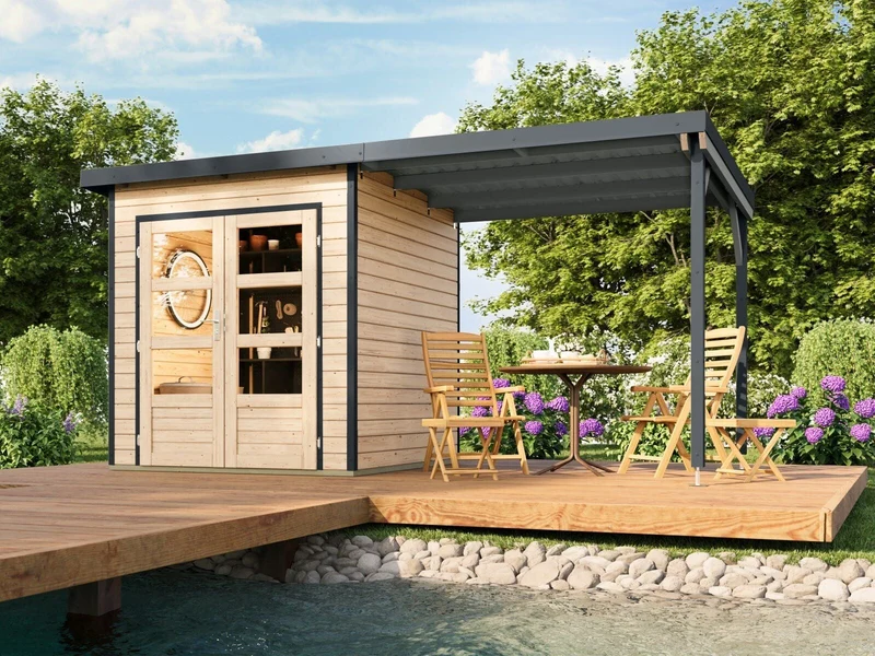 Norlinio Hybrid Gartenhaus Woodtallic 1 , naturbelassen/anthrazit, inkl. Fußboden und Anbaudach