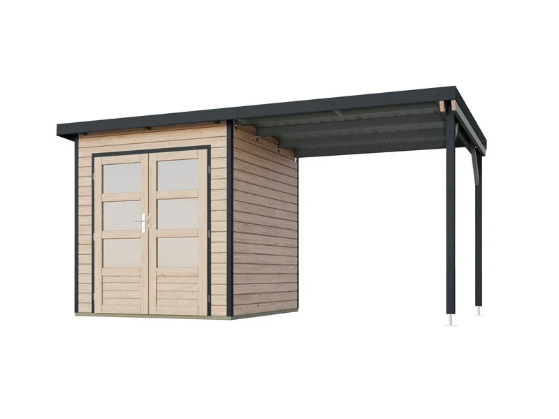 Norlinio Hybrid Gartenhaus Woodtallic 1 , naturbelassen/anthrazit, inkl. Fußboden und Anbaudach