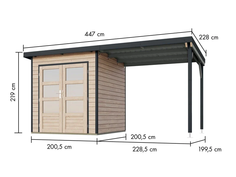 Norlinio Hybrid Gartenhaus Woodtallic 1 , naturbelassen/anthrazit, inkl. Fußboden und Anbaudach