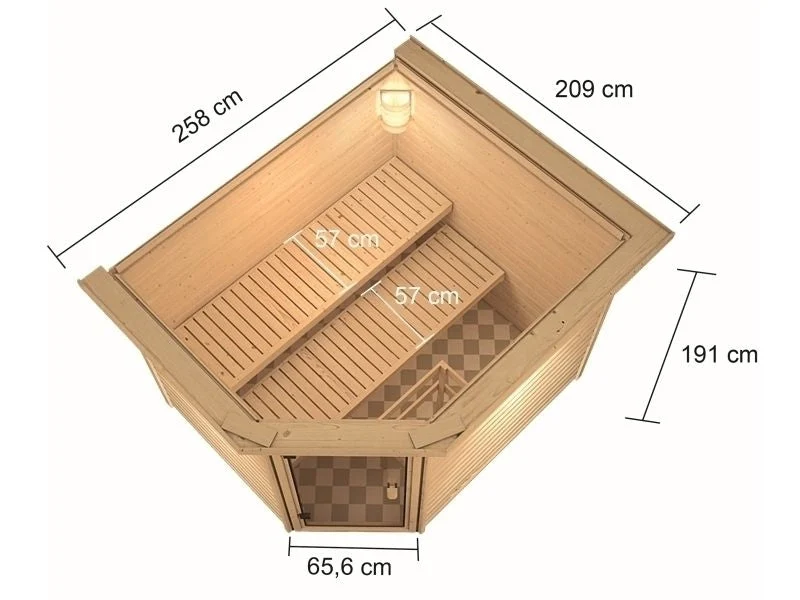 Karibu Sauna Lotta mit 9 kW Bioofen ext. Strg und Dachkranz 38 mm