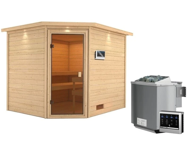 Karibu Sauna Lotta mit 9 kW Bioofen ext. Strg und Dachkranz 38 mm