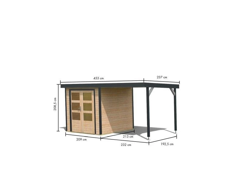 Norlinio Hybrid Gartenhaus Woodtallic 2, naturbelassen/anthrazit, inkl. Anbaudach und Fußboden