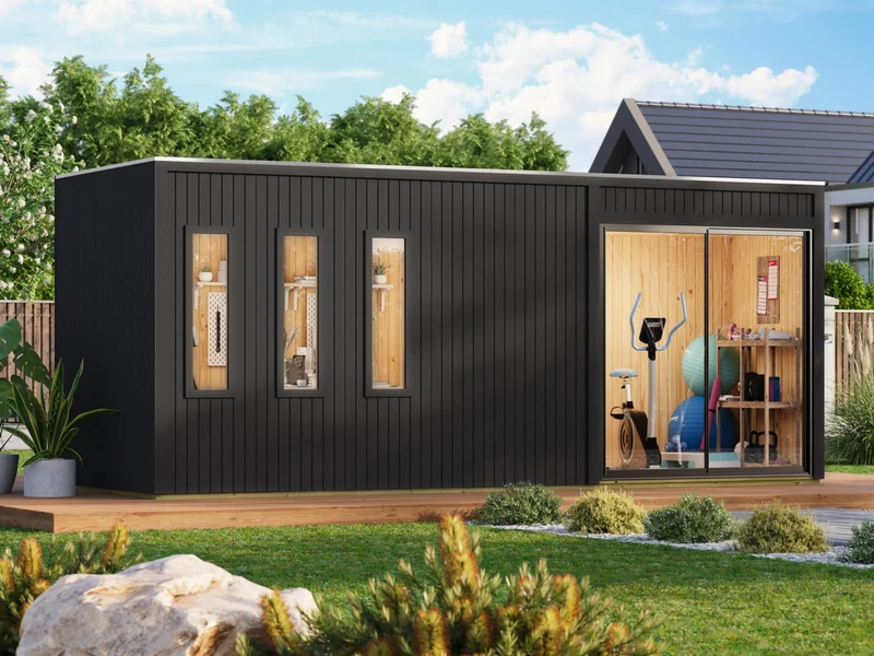 Karibu Gartenhaus Homeoffice Studio 3, schwarz, inkl. LED-Strahler mit Bewegungsmelder, 73 mm