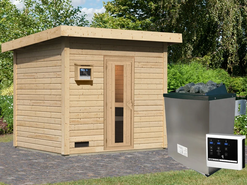 Karibu Saunahaus Hytti 3 38 mm - inkl. 11 kW Bioofen ext. Steuerung - inkl. Energiespartür und Fußboden