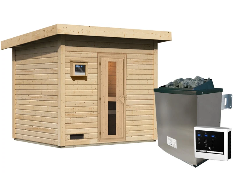 Karibu Saunahaus Hytti 3 38 mm - inkl. 11 kW Bioofen ext. Steuerung - inkl. Energiespartür und Fußboden
