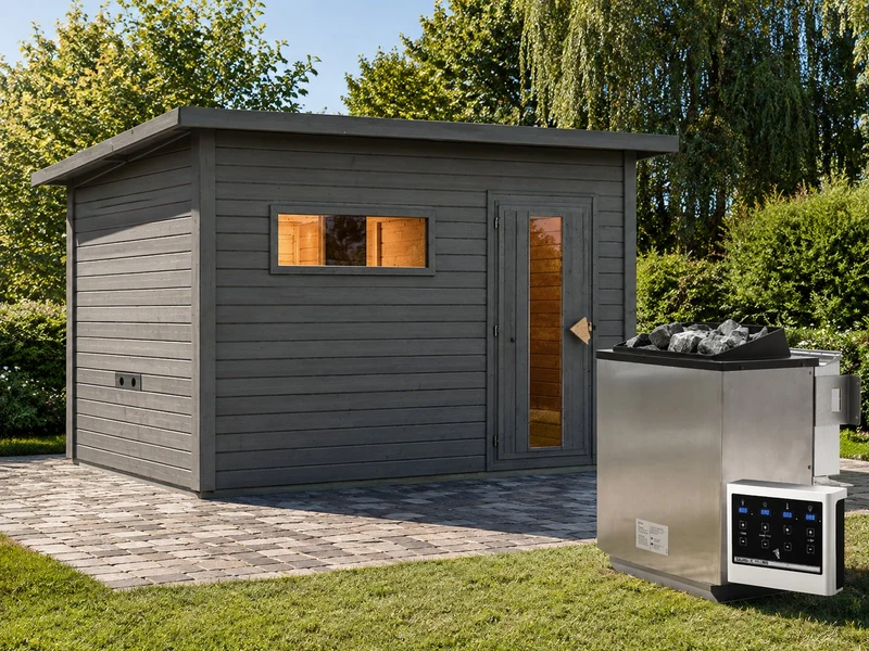Karibu Saunahaus Hytti 6, inkl. 11 kW Bioofen ext. Steuerung - mit Iso-Tür, terragrau, 38 mm