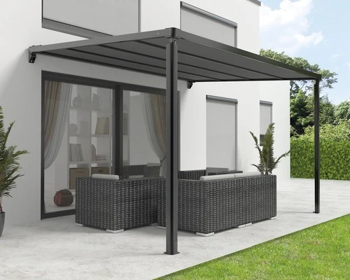 B-Ware Pergola 3,94x3,94m mit Stoffdach anthrazit Motor Fernbedienung LED RAL 9011