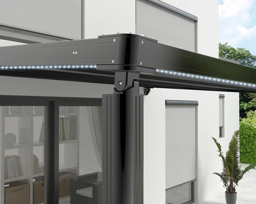 B-Ware Pergola 3,94x3,94m mit Stoffdach anthrazit Motor Fernbedienung LED RAL 9011