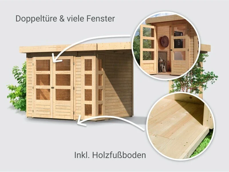 Norlinio Gartenhaus Kerken 3 natur inkl. Fußboden und Anbaudach 2,40 m