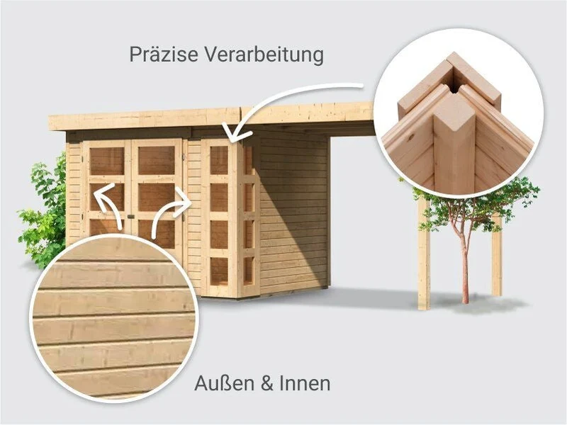 Norlinio Gartenhaus Kerken 3 natur inkl. Fußboden und Anbaudach 2,40 m